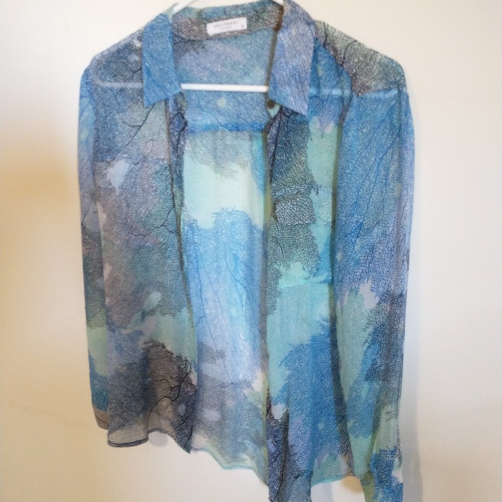 EQUIPMENT Silk Blouse Blue Print Semi Sheer Medium